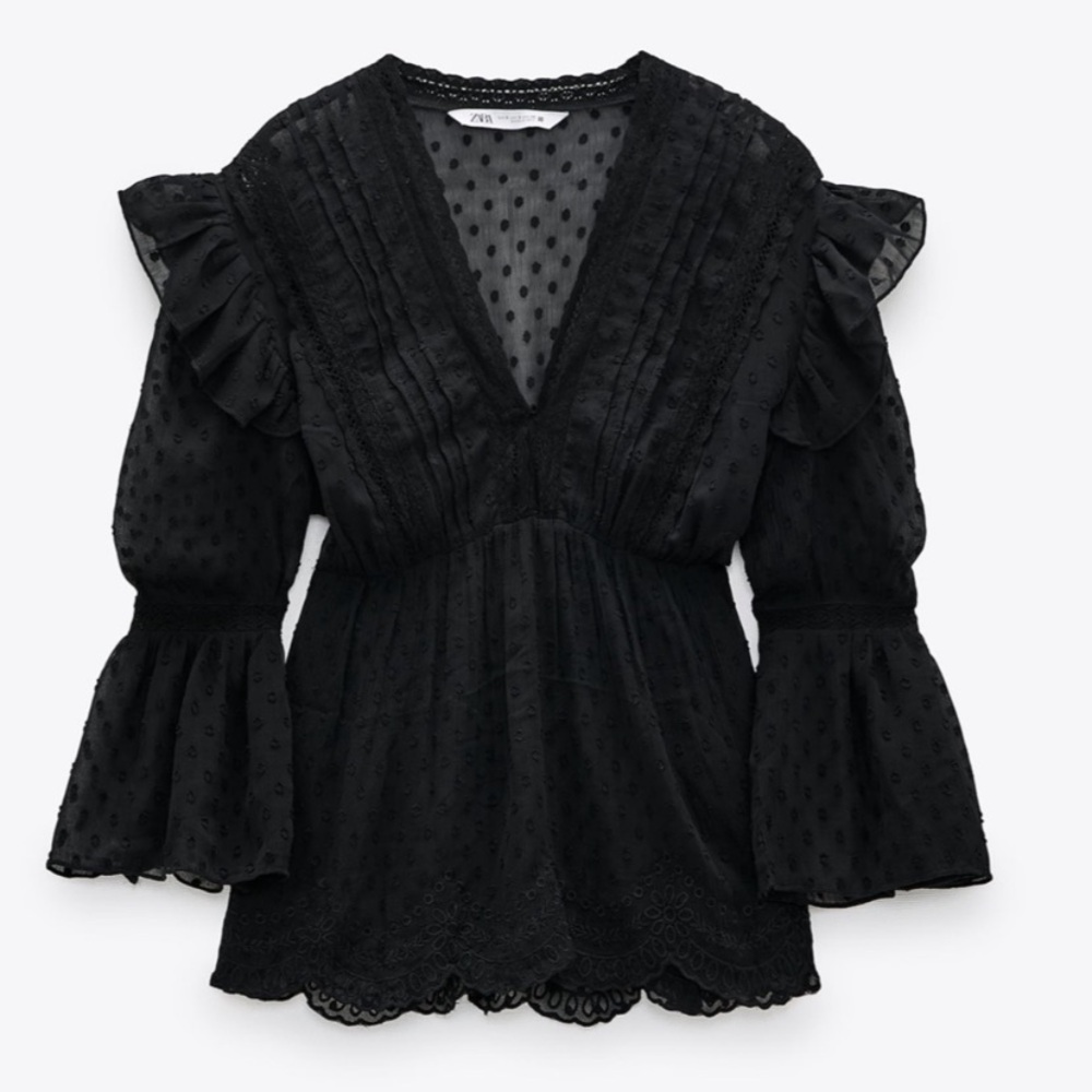 Zara Swiss Dot Ruffled Blouse Black Large